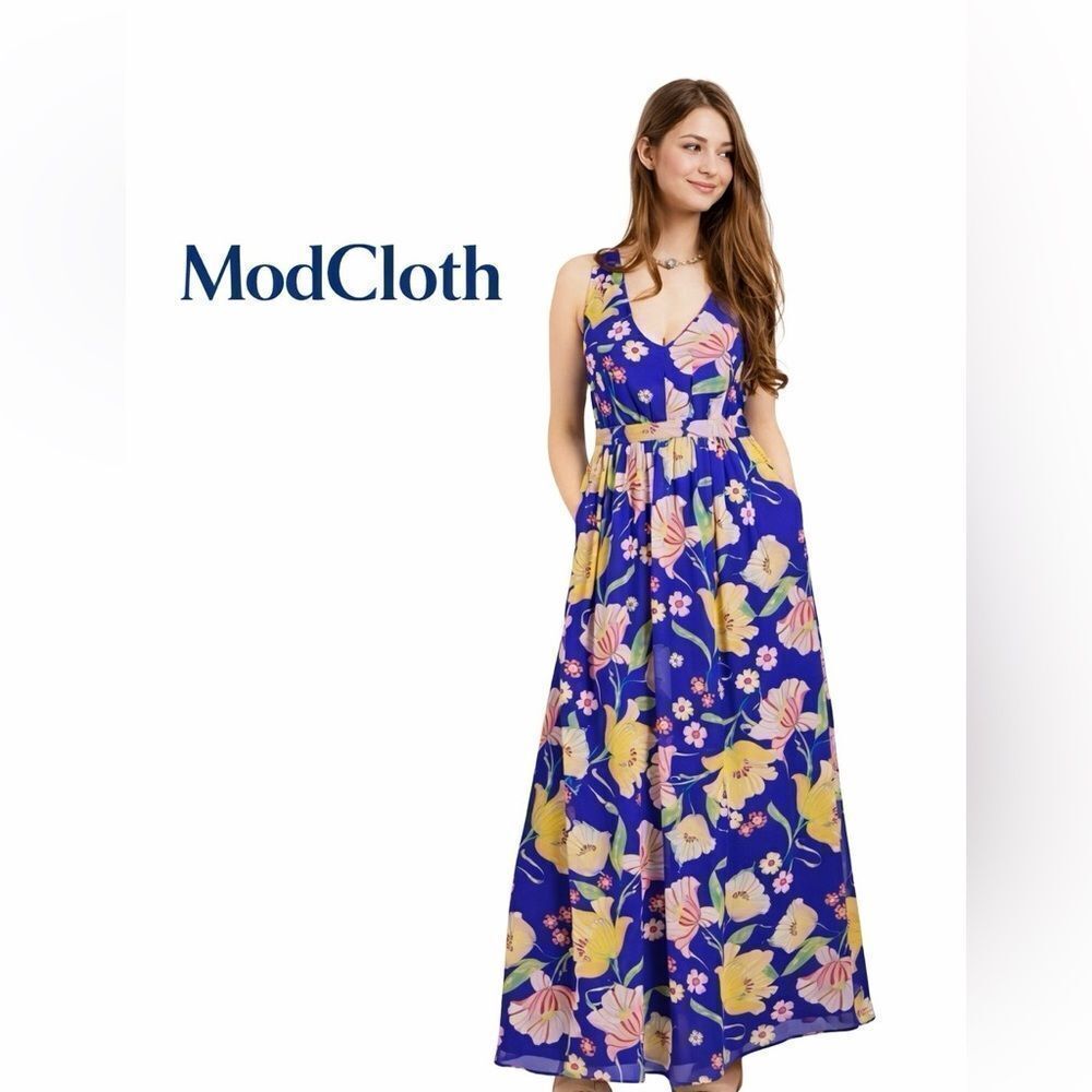 ModCloth “Muster the Length” Floral Maxi Dress Sapphire Blue Yellow Size Small